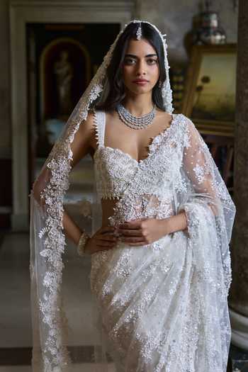 Shop_Seema Gujral_Ivory Net Sweetheart Neck 3d Embroidered Saree With Blouse _Online_at_Aza_Fashions