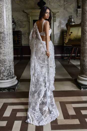 Seema Gujral Ivory 3D Embroidered Saree With Blouse 