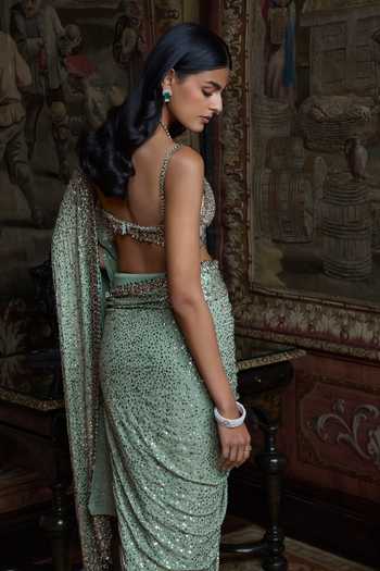 Seema Gujral Moss Green Sequin Saree With Blouse 