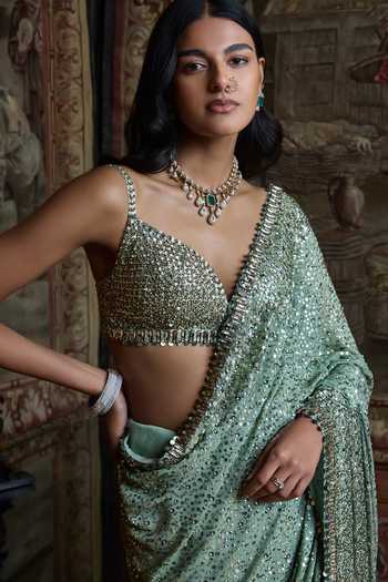Shop Seema Gujral Green Georgette, Silk Sweetheart Neck Moss Sequin Saree With Blouse Online at Aza Fashions Shop_Seema Gujral_Green Georgette, Silk Sweetheart Neck Moss Sequin Saree With Blouse _Online_at_Aza_Fashions