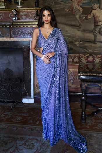 Seema Gujral Purple Georgette, Silk Plunge Neck Mauve Sequin Saree With Blouse Online at Aza Fashions Seema Gujral_Purple Georgette, Silk Plunge Neck Mauve Sequin Saree With Blouse _Online_at_Aza_Fashions