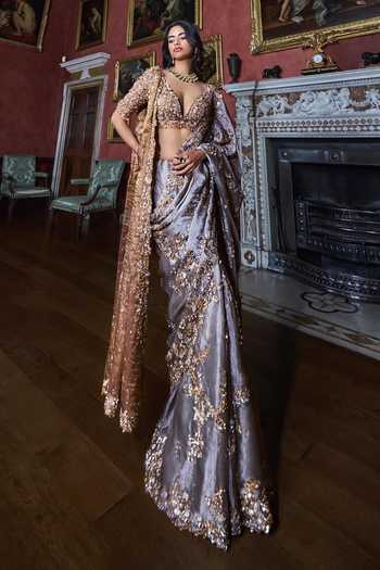 Seema Gujral_Gold Organza, Tissue, Silk V-neck Gun Metal Sequin Saree With Blouse _Online_at_Aza_Fashions