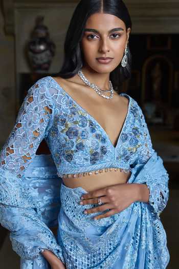 Buy Seema Gujral Blue Net Plunge Neck Powder Thread Work Saree With Blouse Online at Aza Fashions Buy_Seema Gujral_Blue Net Plunge Neck Powder Thread Work Saree With Blouse _Online_at_Aza_Fashions