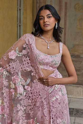 Seema Gujral_Pink Net Scoop Neck Dusty Thread Work Saree With Blouse _Online_at_Aza_Fashions