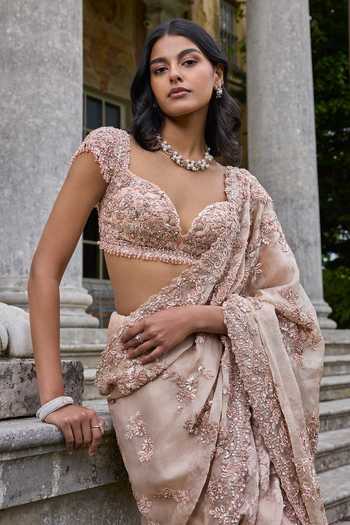 Seema Gujral Rose Gold Net Sweetheart Neck Sequin Saree With Blouse Online at Aza Fashions Seema Gujral_Rose Gold Net Sweetheart Neck Sequin Saree With Blouse _Online_at_Aza_Fashions