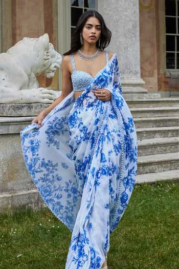 Buy_Seema Gujral_Blue Georgette Sweetheart Neck Ivory And Sequin Saree With Blouse _Online_at_Aza_Fashions