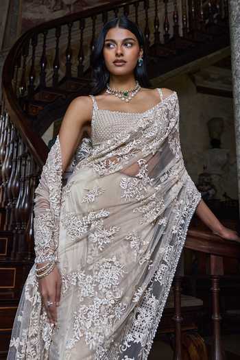 Shop Seema Gujral Beige Net Square Neck Thread Work Saree With Blouse Online at Aza Fashions Shop_Seema Gujral_Beige Net Square Neck Thread Work Saree With Blouse _Online_at_Aza_Fashions