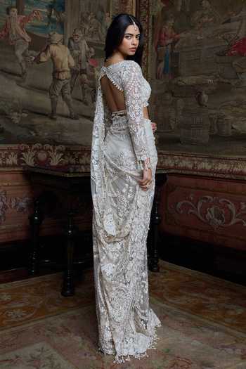 Seema Gujral Ivory Pearl Sequin Saree With Blouse 
