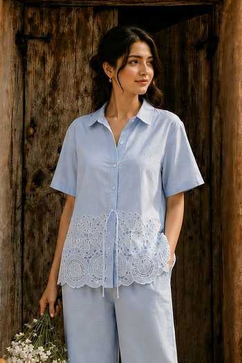 Tasuvure_Blue Cotton Collared Neck Cameron Cutwork Shirt And Pant Co-ord Set _Online_at_Aza_Fashions