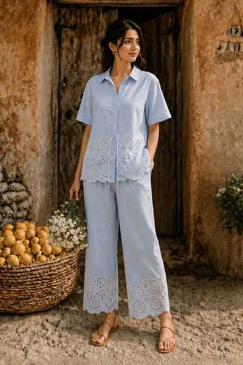 Buy_Tasuvure_Blue Cotton Collared Neck Cameron Cutwork Shirt And Pant Co-ord Set _Online_at_Aza_Fashions