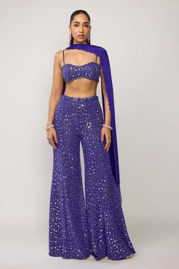 Shop Vvani by vani vats Blue Georgette, Net, Satin Bandeau Neck Mirror Embroidered Blouse Sharara Set Shop_Vvani by vani vats_Blue Georgette, Net, Satin Bandeau Neck Mirror Embroidered Blouse Sharara Set
