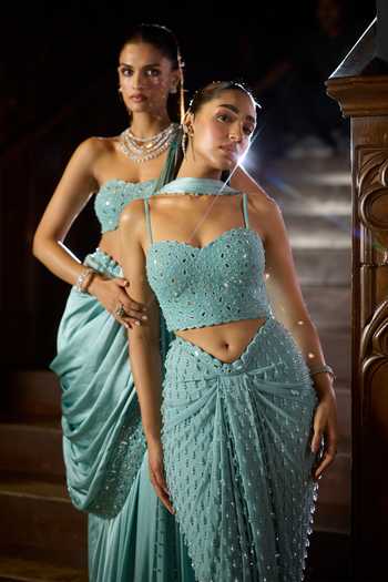 Buy_Vvani by vani vats_Sky Blue Georgette, Satin Beads, Single Drop Embroidered Draped Skirt Set _Online_at_Aza_Fashions