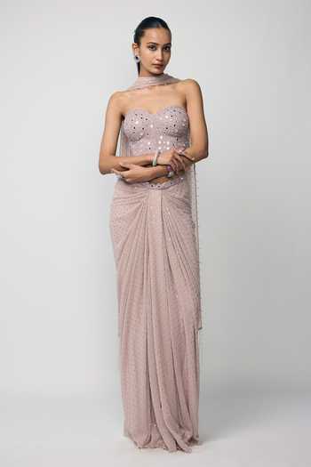 Vvani by vani vats_Pink Georgette Sequins, Mirrors, Beads Sweetheart Embroidered Draped Skirt Set _Online_at_Aza_Fashions