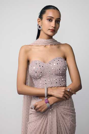 Shop_Vvani by vani vats_Pink Georgette Sequins, Mirrors, Beads Sweetheart Embroidered Draped Skirt Set _Online_at_Aza_Fashions