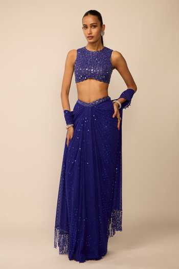 Vvani by vani vats Blue Sequins Embroidered Draped Skirt Set 