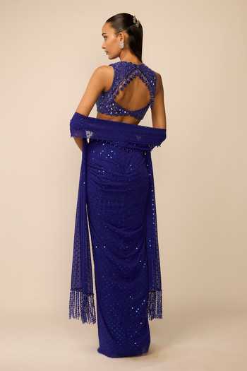 Vvani by vani vats Blue Sequins Embroidered Draped Skirt Set 