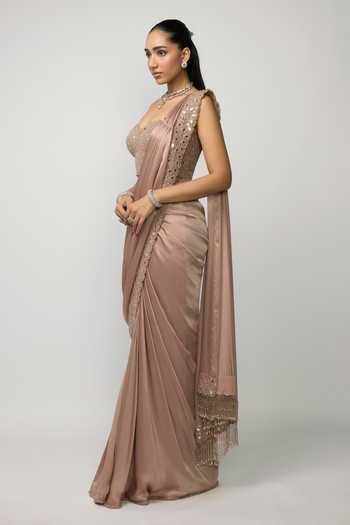 Vvani by vani vats_Rose Gold Satin, Georgette Beads, Mirrors Bronze Pre-draped Saree With Corset _Online_at_Aza_Fashions