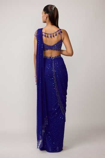 Vvani by vani vats Sequins Embroidered Pre-Draped Georgette Saree & Blouse 