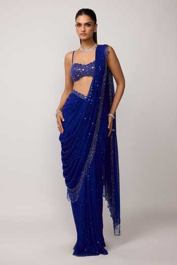 Vvani by vani vats Sequins Embroidered Pre-Draped Georgette Saree & Blouse 