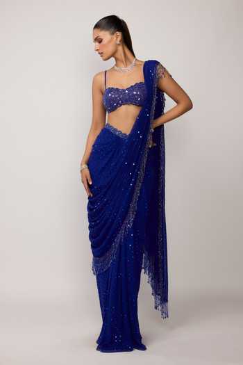Buy Vvani by vani vats Blue Georgette Sweetheart Neck Sequins Embroidered Pre-draped Saree And Blouse Online at Aza Fashions Buy_Vvani by vani vats_Blue Georgette Sweetheart Neck Sequins Embroidered Pre-draped Saree And Blouse _Online_at_Aza_Fashions