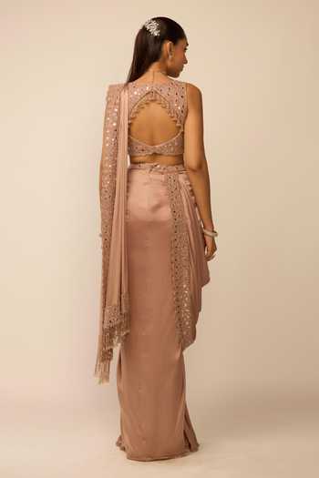 Vvani by vani vats Bronze Rose Satin Pre-Draped Saree Set 