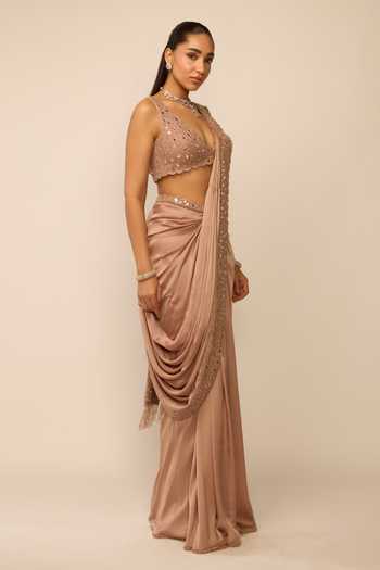 Vvani by vani vats Rose Gold Satin, Georgette V-neck Bronze Pre-draped Saree Set Online at Aza Fashions Vvani by vani vats_Rose Gold Satin, Georgette V-neck Bronze Pre-draped Saree Set _Online_at_Aza_Fashions