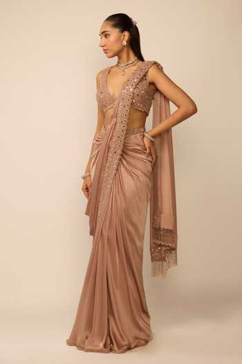 Buy Vvani by vani vats Rose Gold Satin, Georgette V-neck Bronze Pre-draped Saree Set Online at Aza Fashions Buy_Vvani by vani vats_Rose Gold Satin, Georgette V-neck Bronze Pre-draped Saree Set _Online_at_Aza_Fashions