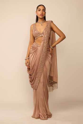 Vvani by vani vats Bronze Rose Satin Pre-Draped Saree Set 