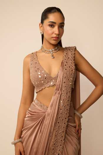 Shop Vvani by vani vats Rose Gold Satin, Georgette V-neck Bronze Pre-draped Saree Set Online at Aza Fashions Shop_Vvani by vani vats_Rose Gold Satin, Georgette V-neck Bronze Pre-draped Saree Set _Online_at_Aza_Fashions