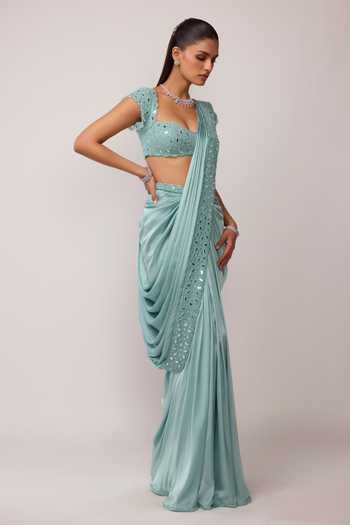Vvani by vani vats_Blue Satin, Georgette Sweetheart Pre-draped Saree With Mirror Embroidered Blouse _Online_at_Aza_Fashions