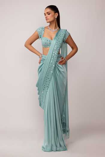 Shop_Vvani by vani vats_Blue Satin, Georgette Sweetheart Pre-draped Saree With Mirror Embroidered Blouse _Online_at_Aza_Fashions