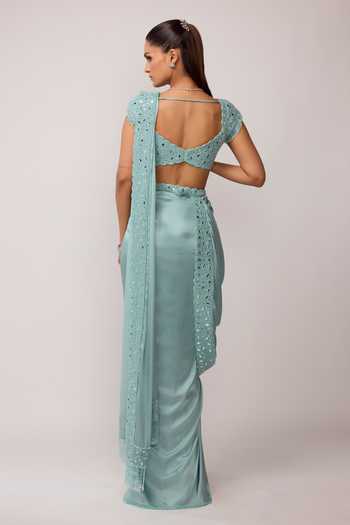 Vvani by vani vats Pre-Draped Saree With Mirror Embroidered Blouse 