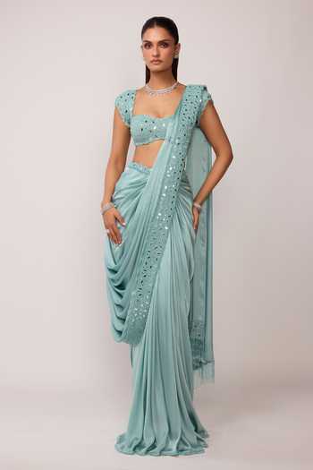 Vvani by vani vats_Blue Satin, Georgette Sweetheart Pre-draped Saree With Mirror Embroidered Blouse _at_Aza_Fashions