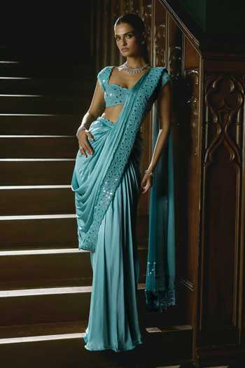 Vvani by vani vats Pre-Draped Saree With Mirror Embroidered Blouse 