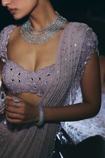 Vvani by vani vats_Pink Georgette Sweetheart Neck Sequinned Pre-draped Saree With Blouse _Online_at_Aza_Fashions