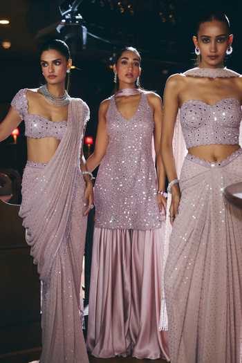 Buy_Vvani by vani vats_Pink Georgette Sweetheart Neck Sequinned Pre-draped Saree With Blouse _Online_at_Aza_Fashions