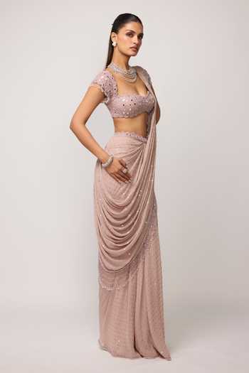 Shop_Vvani by vani vats_Pink Georgette Sweetheart Neck Sequinned Pre-draped Saree With Blouse _Online_at_Aza_Fashions