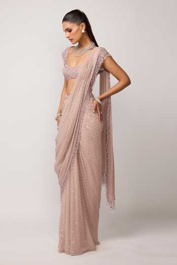 Vvani by vani vats_Pink Georgette Sweetheart Neck Sequinned Pre-draped Saree With Blouse _at_Aza_Fashions