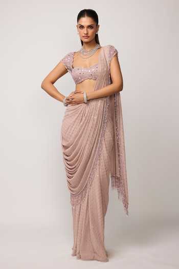 Buy_Vvani by vani vats_Pink Georgette Sweetheart Neck Sequinned Pre-draped Saree With Blouse 