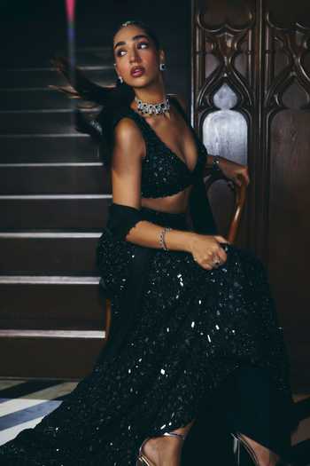 Vvani by vani vats_Black Net, Georgette, Satin V-neck Fishcut Mirror Embroidered Lehenga Set _Online_at_Aza_Fashions
