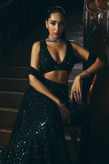Shop_Vvani by vani vats_Black Net, Georgette, Satin V-neck Fishcut Mirror Embroidered Lehenga Set _Online_at_Aza_Fashions