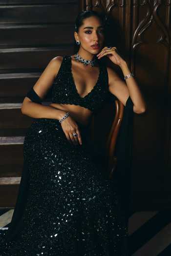 Buy_Vvani by vani vats_Black Net, Georgette, Satin V-neck Fishcut Mirror Embroidered Lehenga Set 