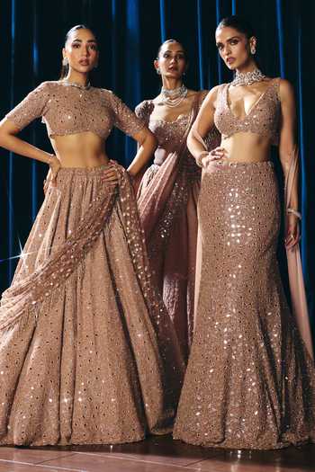 Buy_Vvani by vani vats_Rose Gold Net, Georgette, Satin V-neck Bronze Fishcut Lehenga Set _Online_at_Aza_Fashions