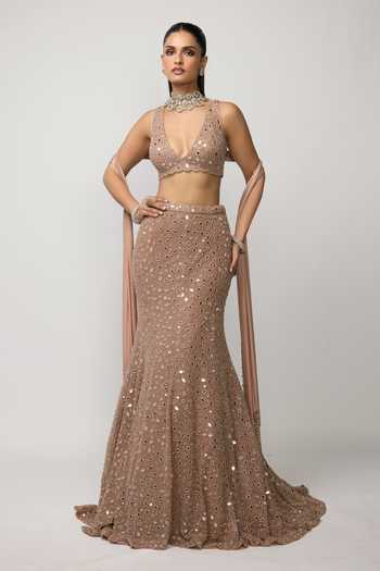 Vvani by vani vats_Rose Gold Net, Georgette, Satin V-neck Bronze Fishcut Lehenga Set _at_Aza_Fashions