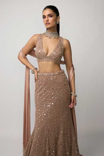 Buy_Vvani by vani vats_Rose Gold Net, Georgette, Satin V-neck Bronze Fishcut Lehenga Set 