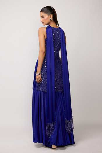 Vvani by vani vats_Blue Net, Satin Halter Neck Hand Cut Mirror Embroidered Kurta Sharara Set _Online_at_Aza_Fashions