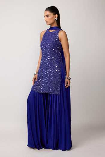 Buy_Vvani by vani vats_Blue Net, Satin Halter Neck Hand Cut Mirror Embroidered Kurta Sharara Set _Online_at_Aza_Fashions