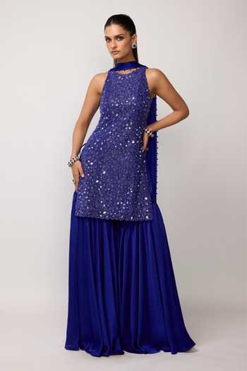 Shop_Vvani by vani vats_Blue Net, Satin Halter Neck Hand Cut Mirror Embroidered Kurta Sharara Set _Online_at_Aza_Fashions