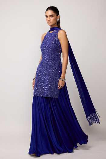 Vvani by vani vats_Blue Net, Satin Halter Neck Hand Cut Mirror Embroidered Kurta Sharara Set _at_Aza_Fashions
