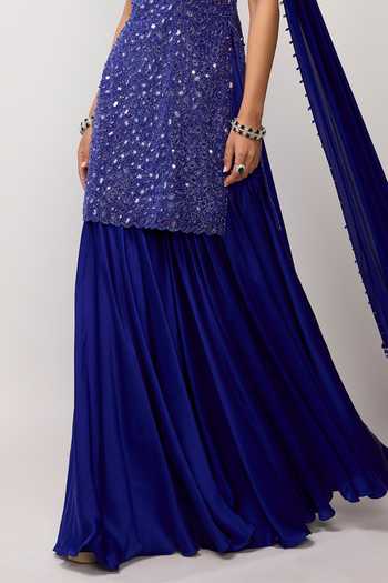 Buy_Vvani by vani vats_Blue Net, Satin Halter Neck Hand Cut Mirror Embroidered Kurta Sharara Set 